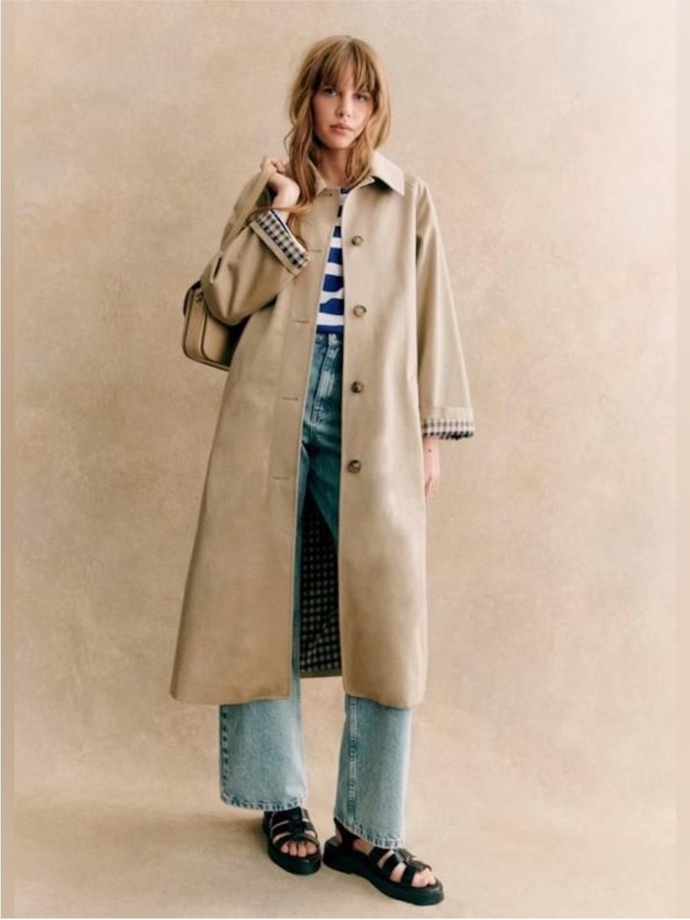 Sezane Clyde Classic Beige Trench Coat with inside plaid